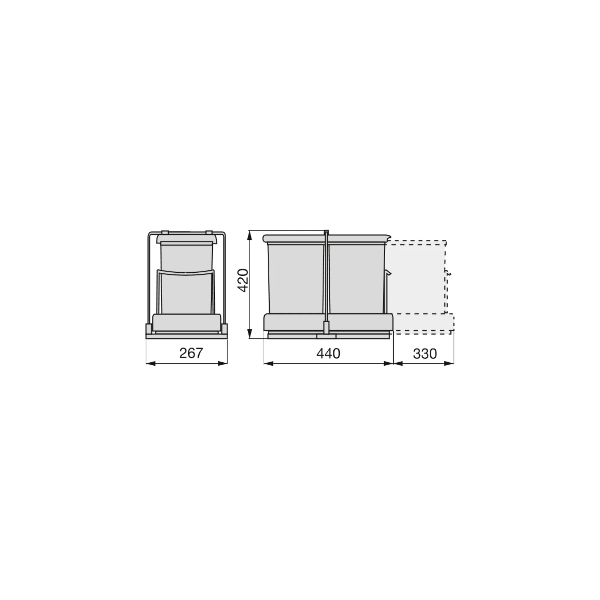 Emuca Contenedor de reciclaje para fijación inferior y extracción automática en mueble de cocina 2x14litros, Plástico gris - Imagen 3