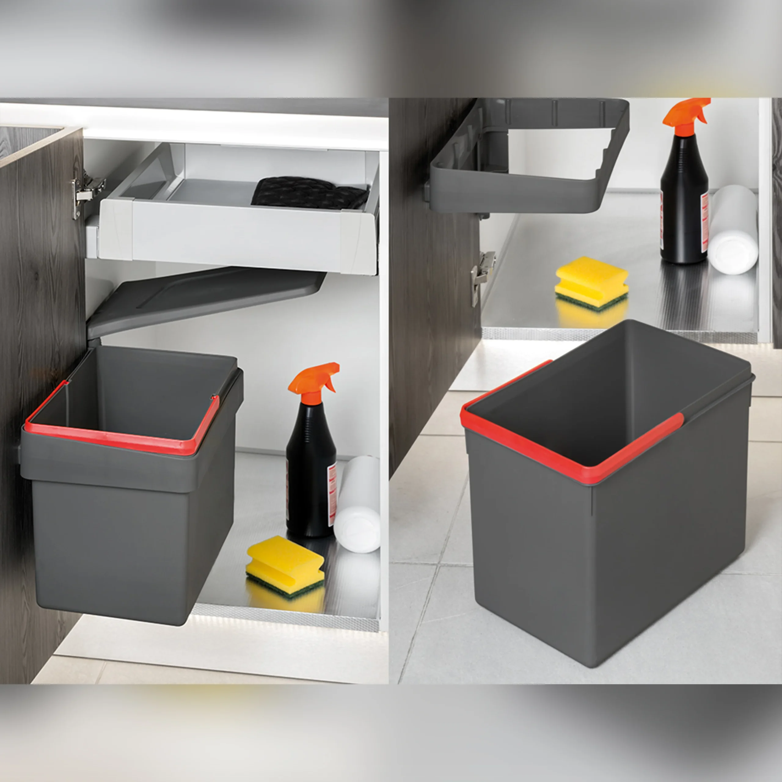 Emuca Contenedor de reciclaje para fijación a la puerta del mueble Recycle, 1 vaso extraíble de 15 litros, Plástico gris antracita - Imagen 3