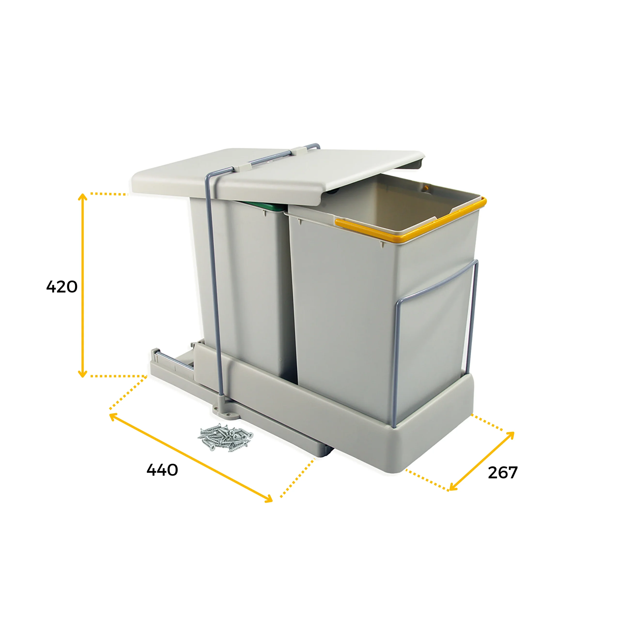 Emuca Contenedor de reciclaje para fijación inferior y extracción automática en mueble de cocina 2x14litros, Plástico gris - Imagen 4