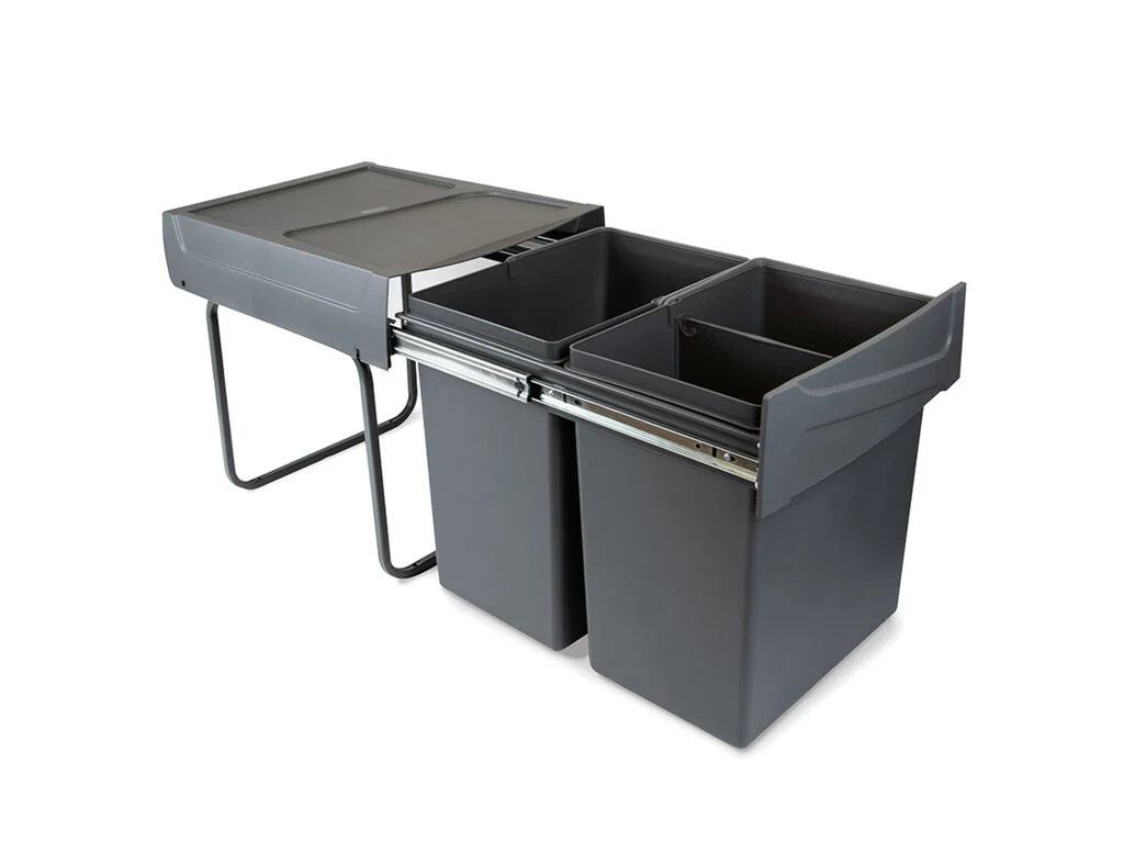 Emuca Contenedor de reciclaje para fijación inferior y extracción manual en mueble de cocina Recycle 2x20litros, Plástico gris antracita - Imagen 5