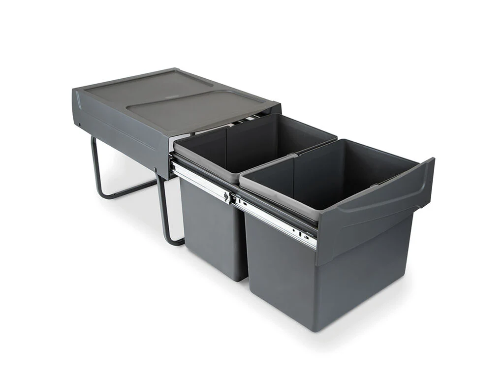 Emuca Contenedor de reciclaje para fijación inferior y extracción manual en mueble de cocina Recycle 2x20litros, Plástico gris antracita - Imagen 6
